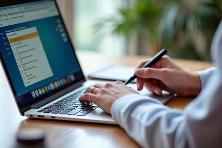 A person filling out a digital health questionnaire on a laptop, with a pen and notebook nearby.