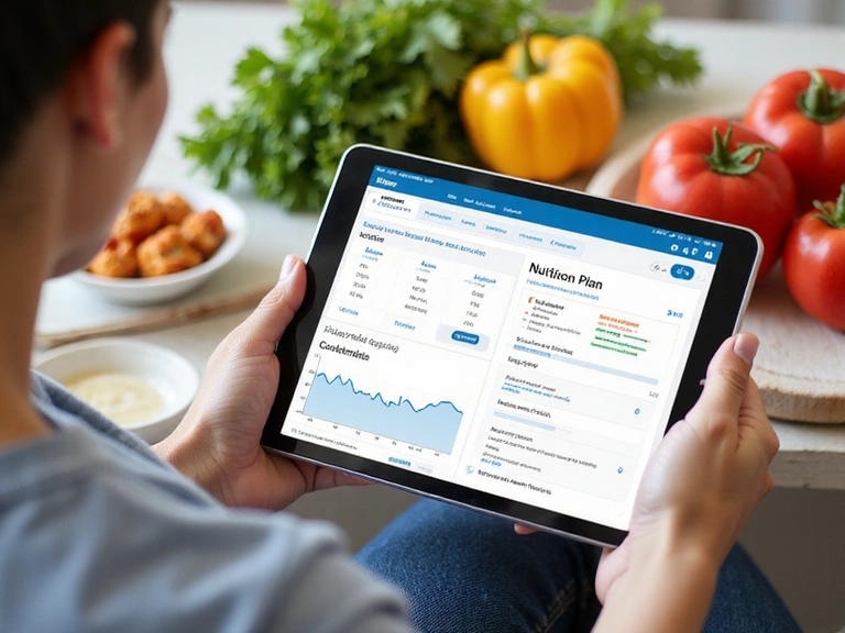 A person reviewing a personalized nutrition plan on a tablet, surrounded by healthy food items like fruits and vegetables.